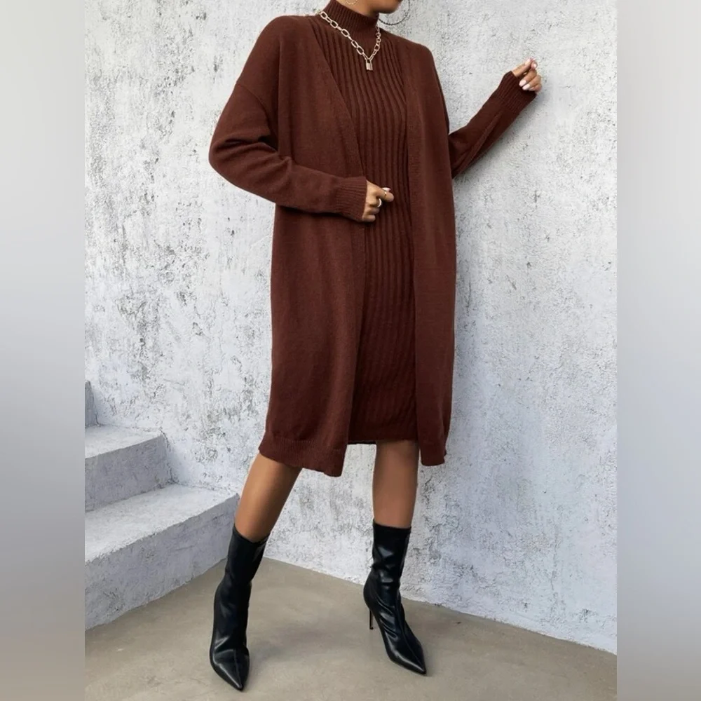 Drop Shoulder Duster Cardigan & Mock Neck Sweater Dress Without Belt - Picture 4 of 7